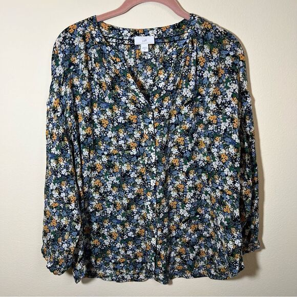 ✨ J. Jill Women’s Blue Green Gold Floral Long Sleeve Blouse Medium - Picture 1 of 11